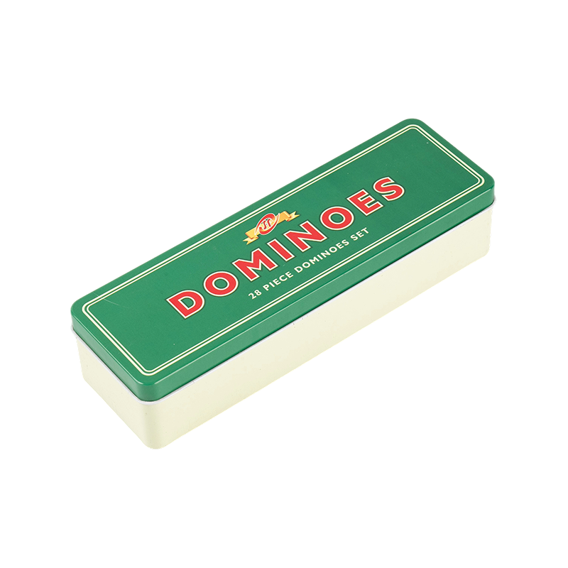 Klasický double šest domino s zelenou a bílou železnou krabicí