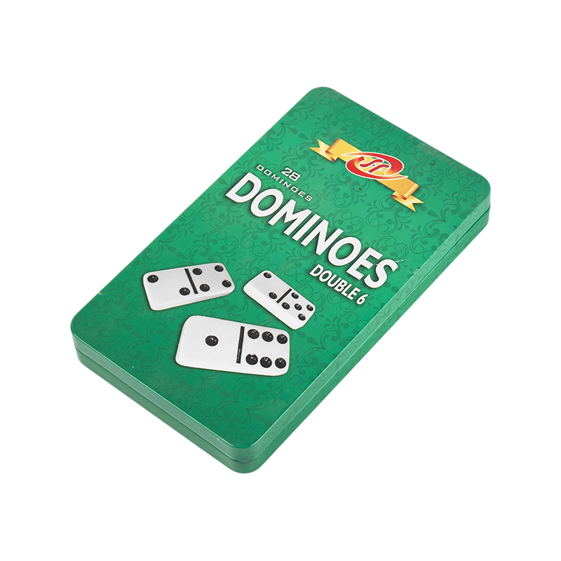 Standardní double šest domino v tmavě modré železné krabici